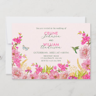 Pink Floral watercolor tropical bird wedding Invitation