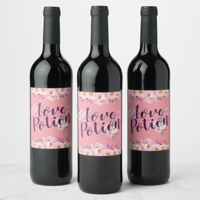 Pink Floral Watercolor Valentines Love Potion Wine Label (Bottles)