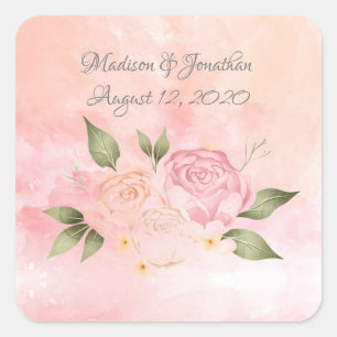 Pink Floral Watercolor Wedding Square Sticker