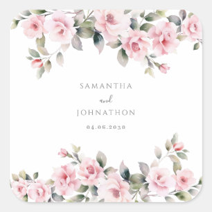 Pink Floral Watercolor Wedding Square Sticker