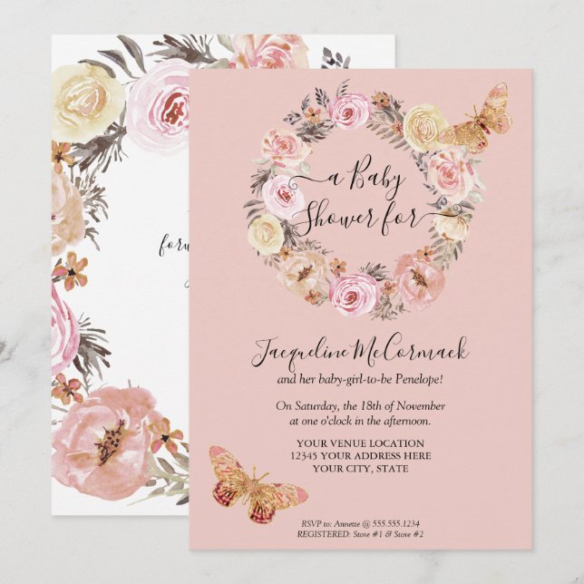 Pink Floral Watercolor Wreath  Butterfly Baby Girl Invitation (Front/Back)