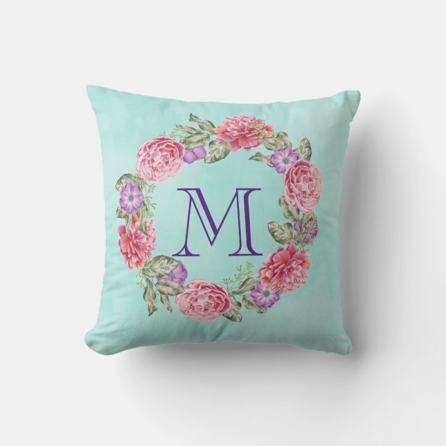 Pink Floral Watercolor Wreath Monogram Initial Cushion (Front)