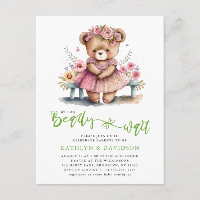 Pink Floral We Can Bearly Wait Girl Baby Shower Invitation Postcard (Front)