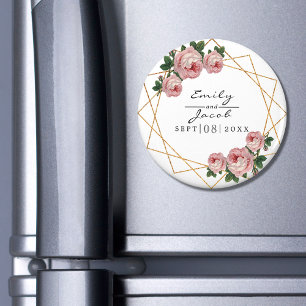Pink Floral Wed Elegant Gold Glitter Geometric Magnet
