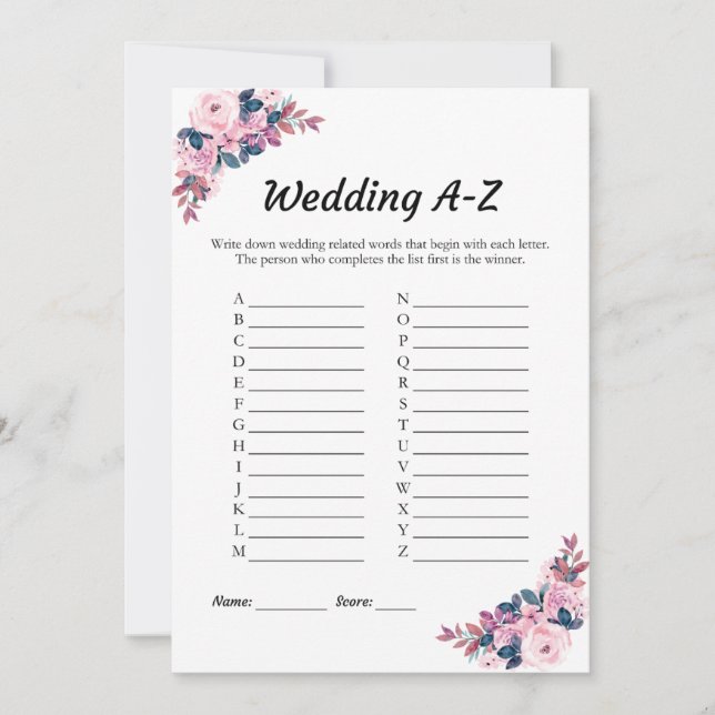 Pink Floral Wedding A-Z Bridal Shower Game Card (Front)