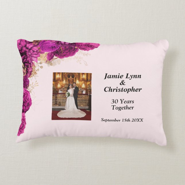 Pink Floral Wedding Anniversary Accent Pillow (Back)