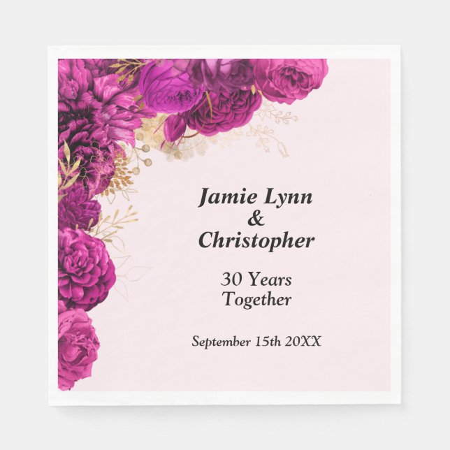 Pink Floral Wedding Anniversary Napkins (Front)