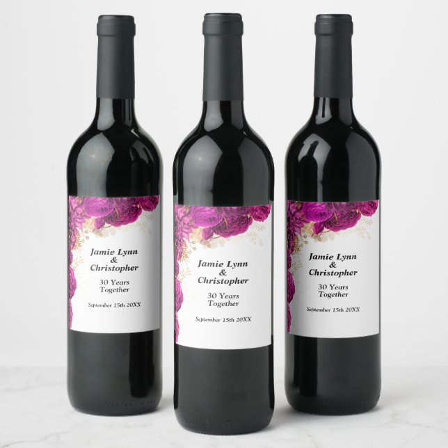Pink Floral Wedding Anniversary Wine Label (Bottles)