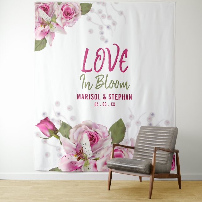 Pink Floral Wedding Backdrop Tapestry (In Situ)