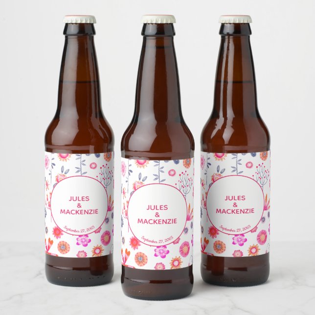 Pink Floral Wedding Beer Bottle Label (Bottles)
