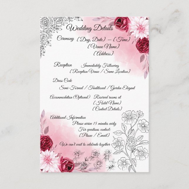 Pink Floral Wedding Details Card | Elegant  (Front)