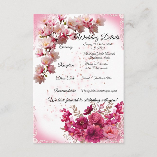 Pink Floral Wedding Details Card on White (Front)