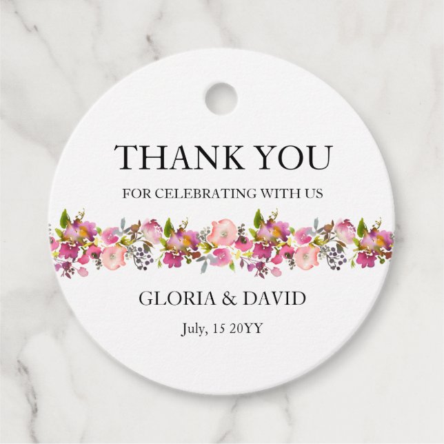 Pink Floral Wedding Favour Tags (Front)