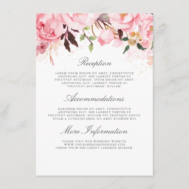 Pink Floral Wedding Information Guest Enclosure Card (Front)