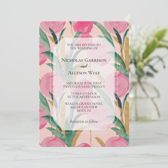 Pink Floral Wedding Invitation (Standing Front)