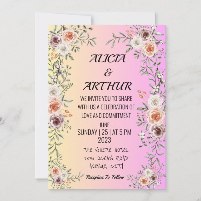 Pink floral wedding invitation (Front)