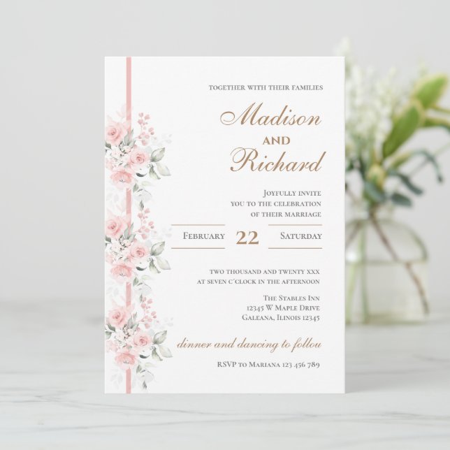 Pink Floral Wedding Invitation (Standing Front)