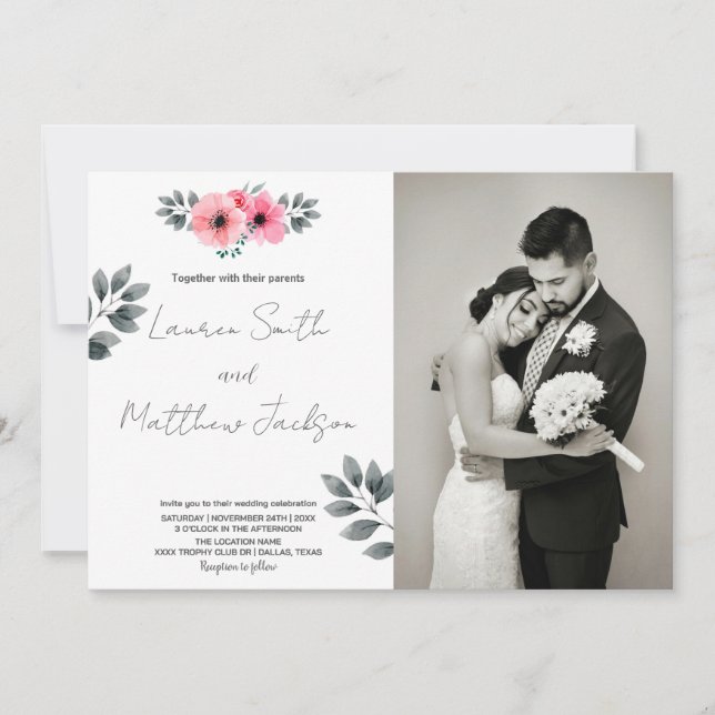 Pink Floral Wedding Invitations with photo (Front)