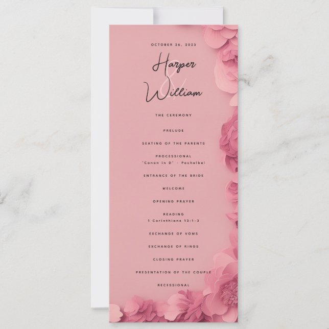 pink floral wedding program invitation (Front)
