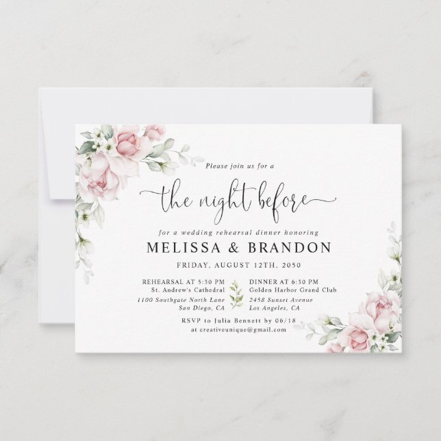 Pink Floral Wedding Rehearsal Dinner Invitations (Front)