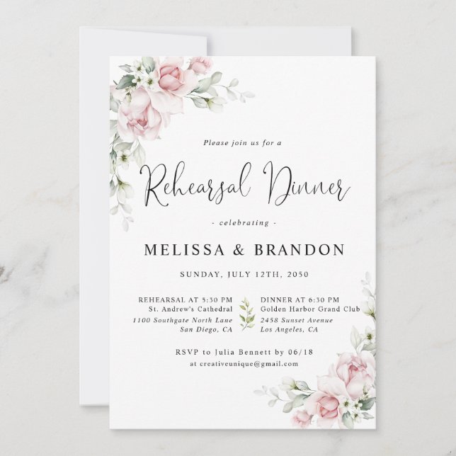 Pink Floral Wedding Rehearsal Dinner Invitations (Front)