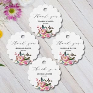 Pink Floral Wedding Round Scalloped  Favour Tags