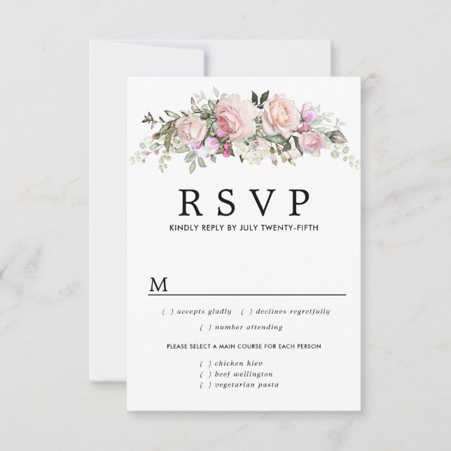 Pink Floral Wedding RSVP Card, Meal Options Card (Front)