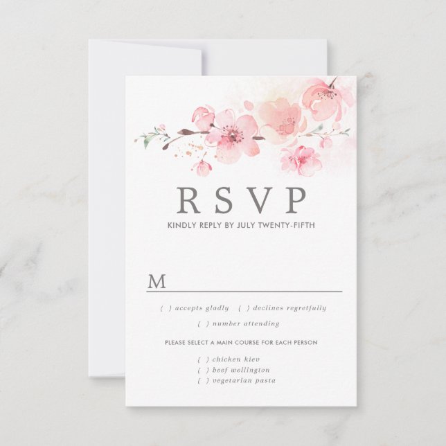 Pink Floral Wedding RSVP Card, Meal Options Card (Front)