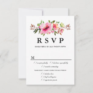 Pink Floral Wedding RSVP Card, Meal Options Card