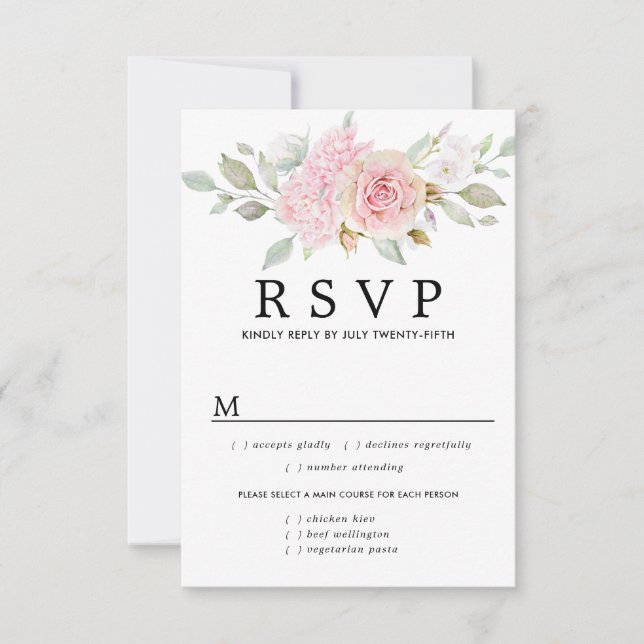 Pink Floral Wedding RSVP Card, Meal Options Card (Front)