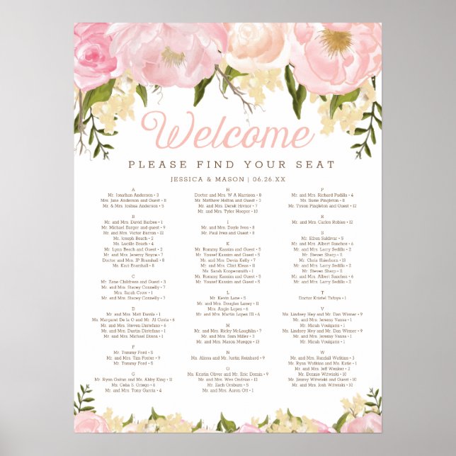 Pink Floral Wedding Seating Chart (Front)