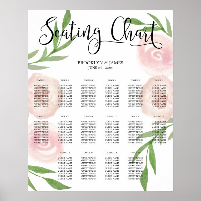 Pink Floral Wedding Seating Chart Poster 16x20 (Front)
