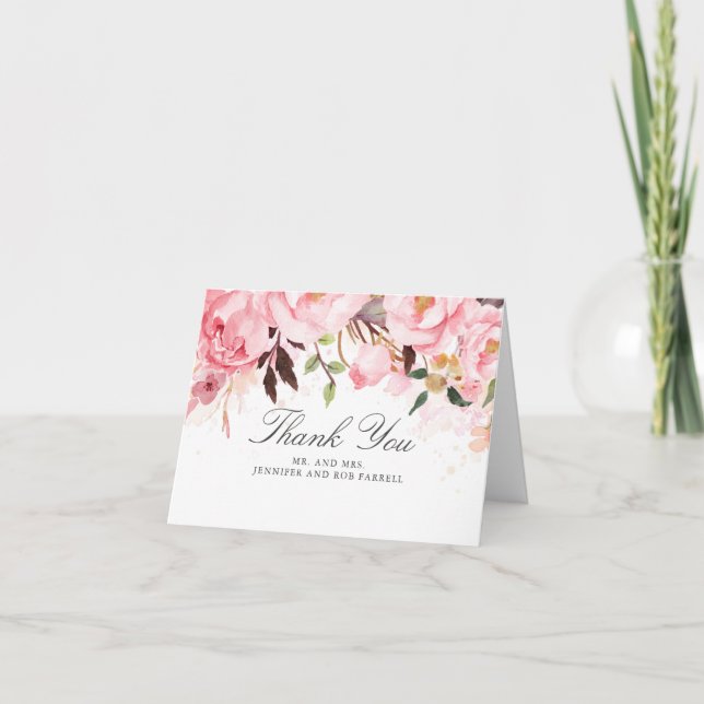 Pink Floral Wedding Thank You Card (Front)