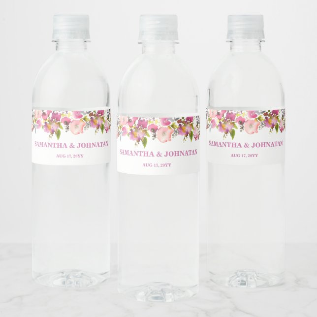 Pink Floral Wedding   Water Bottle Label (Bottles)