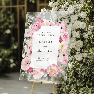 Pink Floral Wedding Welcome Acrylic Sign