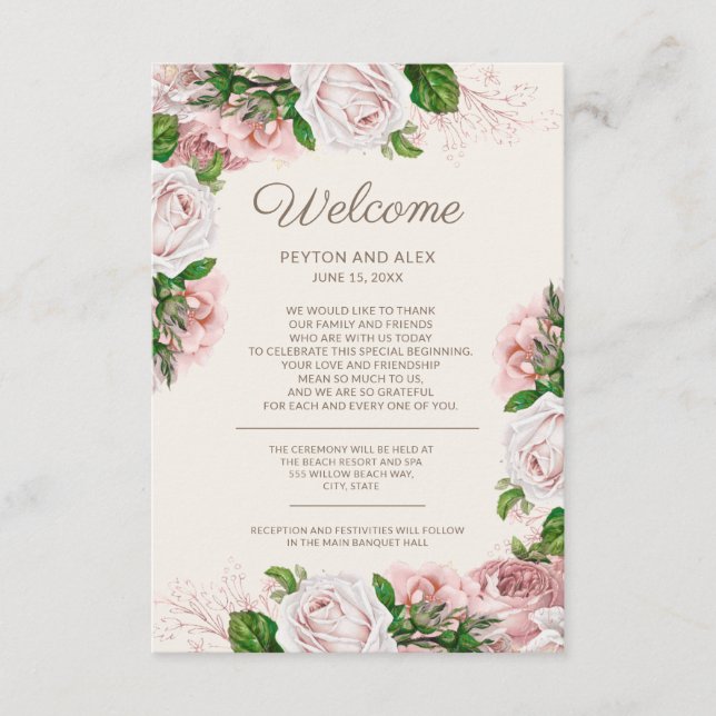 Pink Floral Wedding Welcome Enclosure Card (Front)