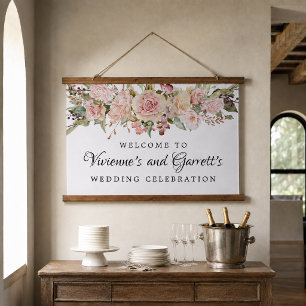 Pink Floral Wedding Welcome Hanging Tapestry