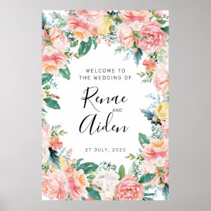 Pink Floral Wedding welcome sign, Floral welcome Poster