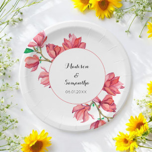 Pink Floral Wedding White Magnolia Watercolor Paper Plate