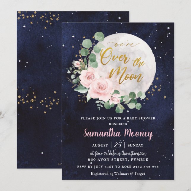 Pink Floral We're Over the Moon Girl Baby Shower Invitation (Front/Back)