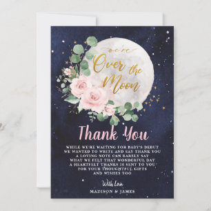 Pink Floral We're Over the Moon Girl Baby Shower Thank You Card