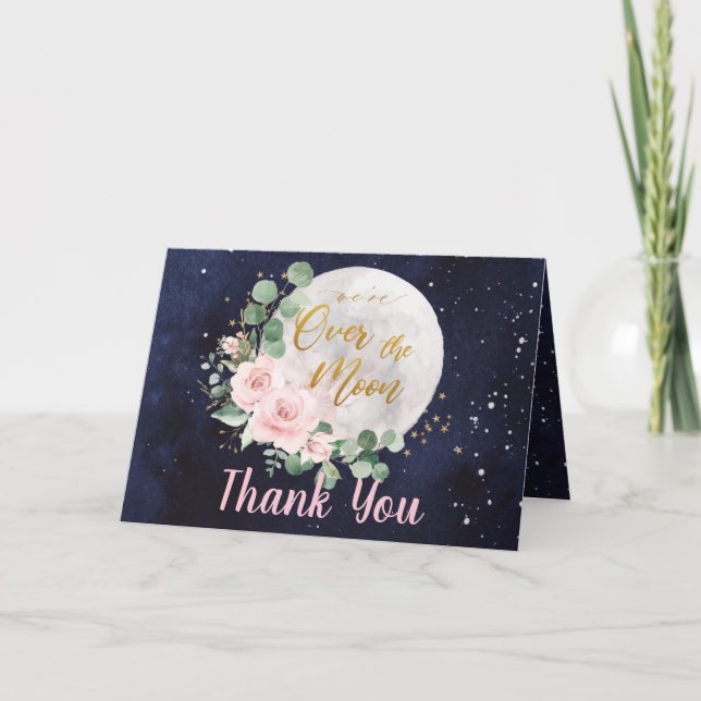 Pink Floral We're Over the Moon Girl Baby Shower Thank You Card (Front)