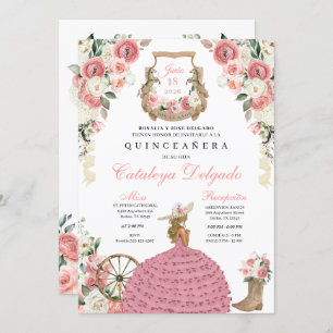 Pink Floral Western Mariachi Charro Quinceañera Invitation