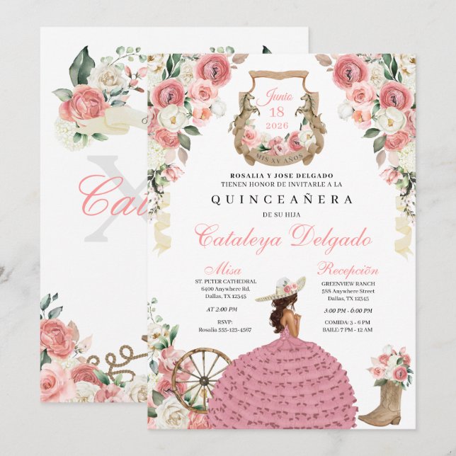 Pink Floral Western Mariachi Charro Quinceañera Invitation (Front/Back)
