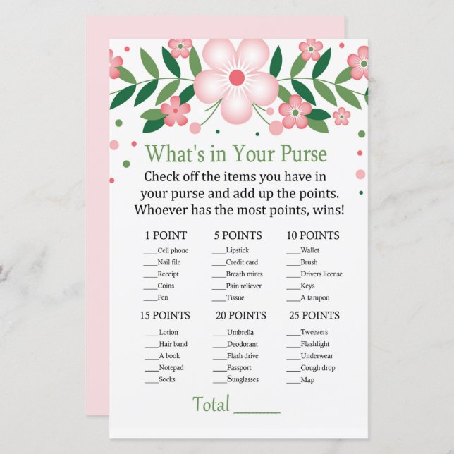 Pink Floral What's in your purse game (Front/Back)