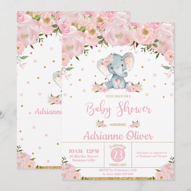 Pink Floral Whimsical Elephant Girl Baby Shower Invitation (Front/Back)
