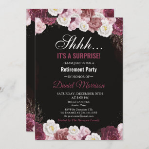 Pink Floral White Gold Surprise Retirement Party Invitation