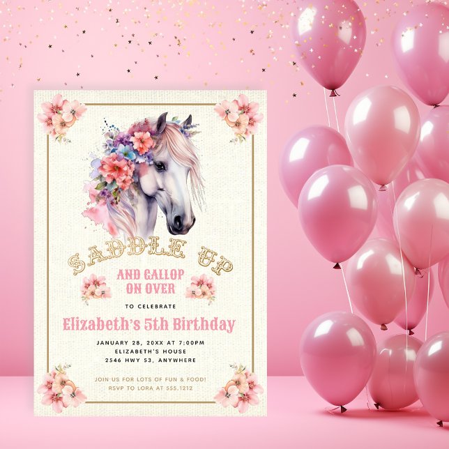 Pink Floral White Horse Birthday Party Invitation (Creator Uploaded)