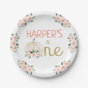 Pink Floral White Pumpkin First Birthday Party  Paper Plate