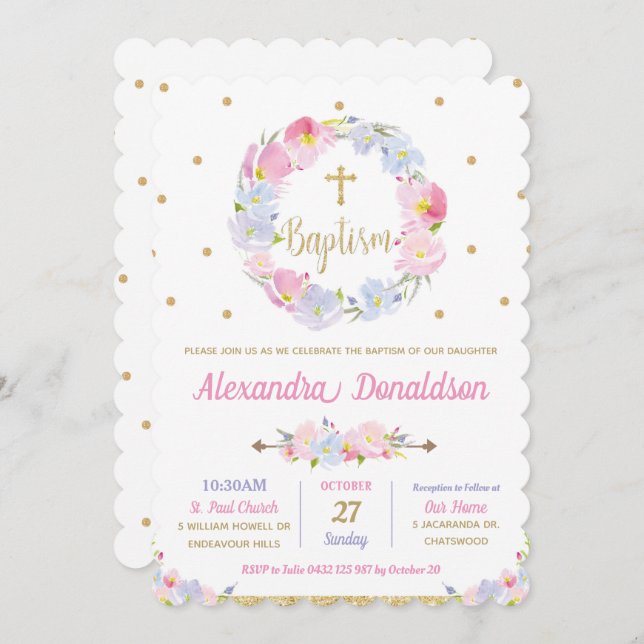 Pink Floral Wild Flowers Baptism Invitations Girl (Front/Back)